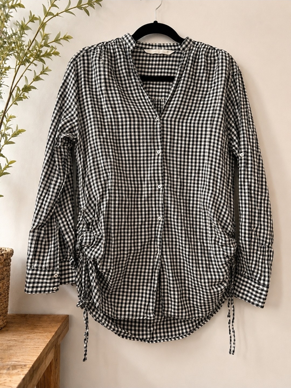 Zara~Gingham Ruched Side Tie Blouse Size XS Oversized
